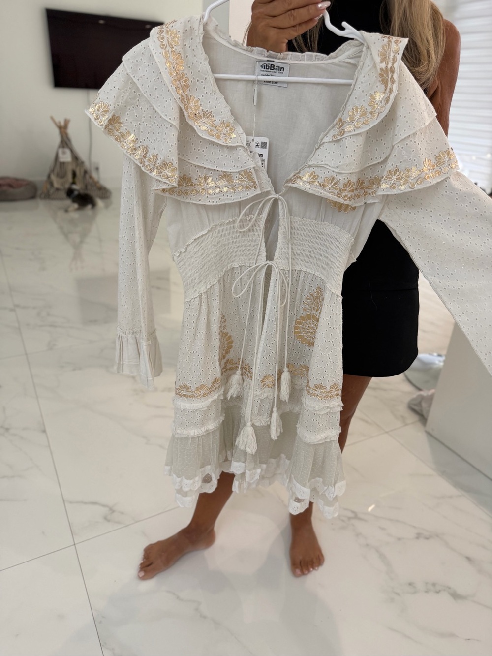 Eyelet Ruffle Tie-Front Dress/Cover up in Cream with Gold Embroidery.